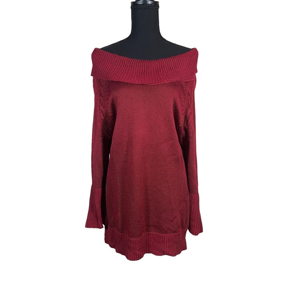 Chico's Sweater Dress Women‎ Size 3 Maroon Rayon Off-Shoulder Knit Long Sleeve